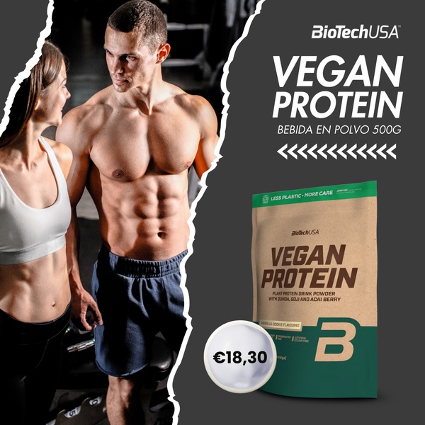 This 1:1 ratio creative features a dual-layout design, showcasing a fit couple on the left and the plant-based protein packaging with a price highlight on the right.